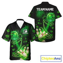 Load image into Gallery viewer, Green shamrock lightning thunder St Patrick's Day button-up bowling shirts custom team bowling jersey NQS11414