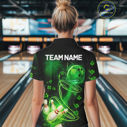 Green shamrock lightning thunder St Patrick's Day bowling shirts for women custom team bowling jersey NQS11414