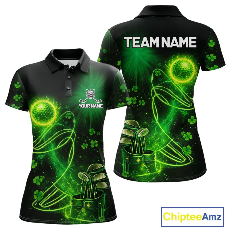 Green shamrock lightning thunder St Patrick's Day custom matching golf polo shirts for couples NQS11415