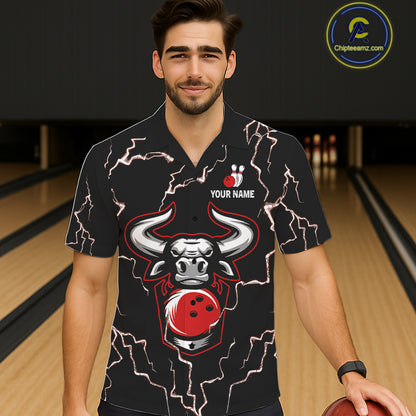 Bowling Bull Thunder Lightning Black & Red Button-up bowling shirts custom Bowling Team League Jersey NQS11417