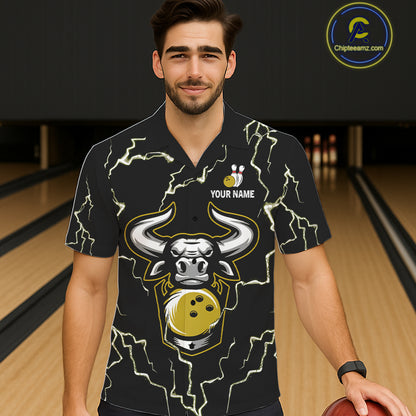 Bowling Bull Thunder Lightning Black & Yellow Button-up bowling shirts custom Bowling Team Jersey NQS11418