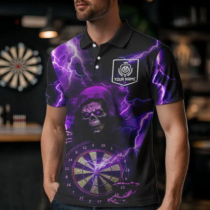 Skull Purple lightning thunder Darts Polo, 1/4 Zip Shirt For Men Custom Dart Team Jerseys NQS9494