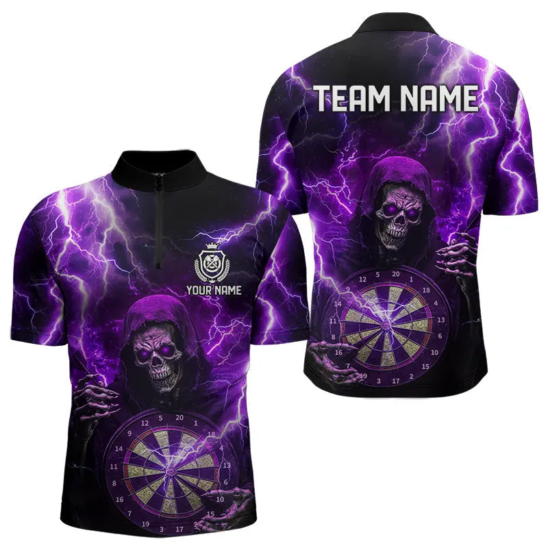 Skull Purple lightning thunder Darts Polo, 1/4 Zip Shirt For Men Custom Dart Team Jerseys NQS9494