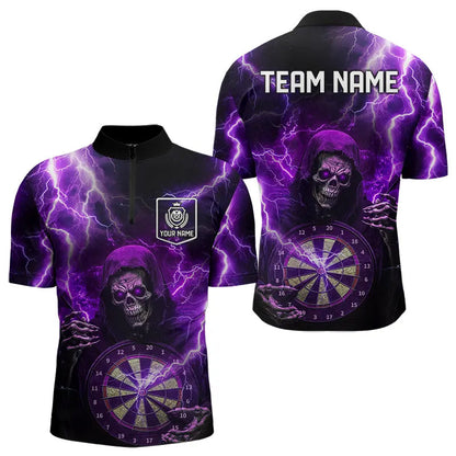 Skull Purple lightning thunder Darts Polo, 1/4 Zip Shirt For Men Custom Dart Team Jerseys NQS9494