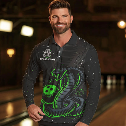 Black and Green Cobra Snake Bowling Polo, Quarter Zip Shirts For Men Custom Name Bowling Team Shirts NQS9655