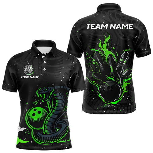 Black and Green Cobra Snake Bowling Polo, Quarter Zip Shirts For Men Custom Name Bowling Team Shirts NQS9655