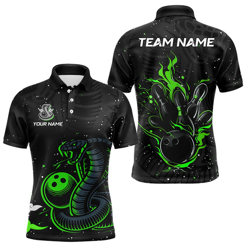 Black and Green Cobra Snake Bowling Polo, Quarter Zip Shirts For Men Custom Name Bowling Team Shirts NQS9655