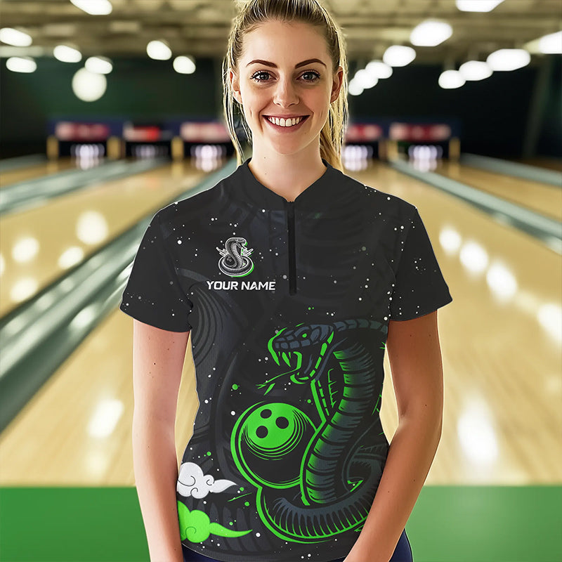 Black and Green Cobra Snake Bowling Polo, Quarter Zip Shirts For Women Custom Name Bowling Team Shirts NQS9655