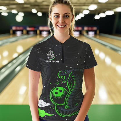 Black and Green Cobra Snake Bowling Polo, Quarter Zip Shirts For Women Custom Name Bowling Team Shirts NQS9655