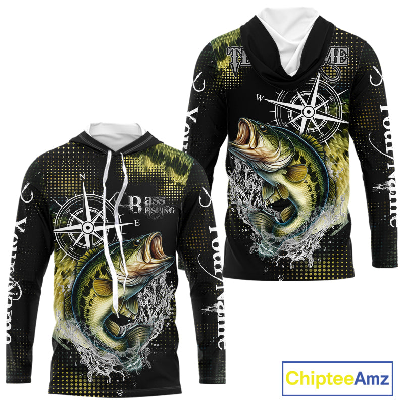 Personalized Black and Green Bass fishing scales compass Performance long sleeve Fishing Team Shirts NQS11725
