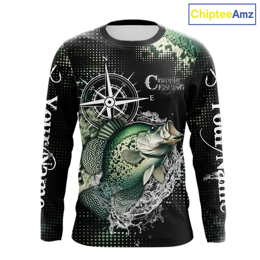 Custom Black and Green Crappie fishing scales compass Performance long sleeve Fishing Team Shirts NQS11727