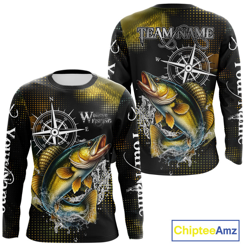 Custom Black and Yellow Walleye fishing scales compass Performance long sleeve Fishing Team Shirts NQS11726