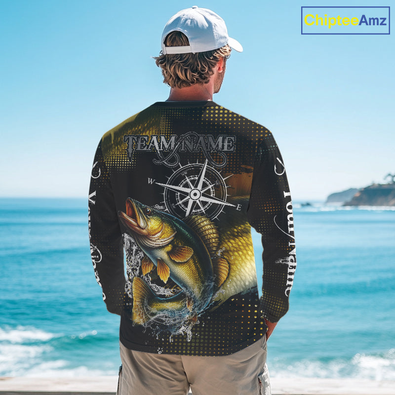 Custom Black and Yellow Walleye fishing scales compass Performance long sleeve Fishing Team Shirts NQS11726