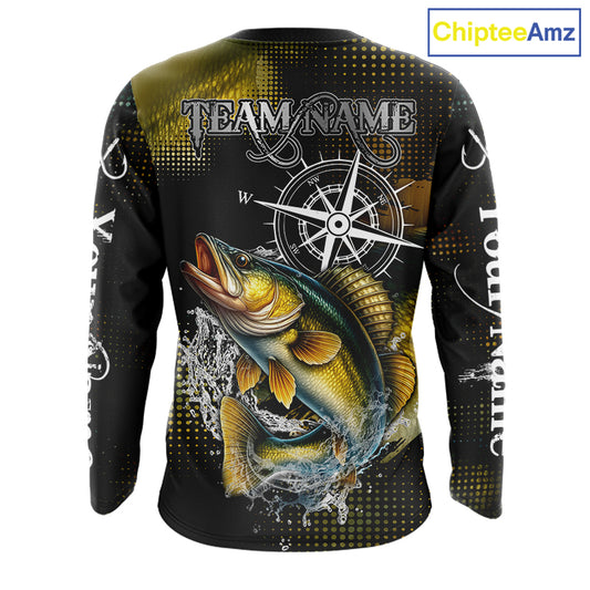 Custom Black and Yellow Walleye fishing scales compass Performance long sleeve Fishing Team Shirts NQS11726