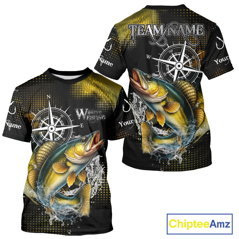 Custom Black and Yellow Walleye fishing scales compass Performance long sleeve Fishing Team Shirts NQS11726