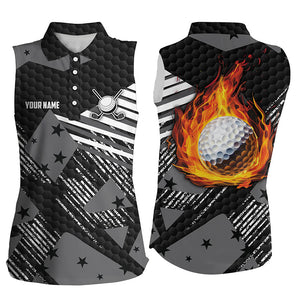 Black and white Pattern flame golf ball Womens Sleeveless Polo Shirt Custom Golf Shirts For Ladies NQS7443