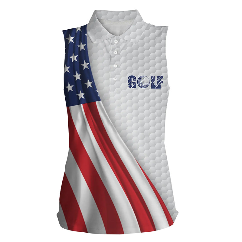 American flag white golf ball skin Womens sleeveless polo shirt patriotic golf tops for women NQS5444