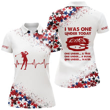 Load image into Gallery viewer, Womens golf polo shirt custom red white and blue stars pattern I was one under today tree, bush, water NQS7789