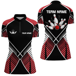 Black and Red Retro Bowling Polo, Quarter Zip shirts for women custom team bowling league jerseys NQS7794