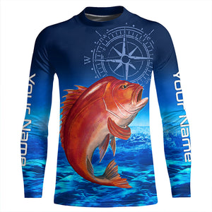 Personalized Red snapper Blue Long Sleeve Performance Fishing Shirts, compass tournament Shirts NQS5903