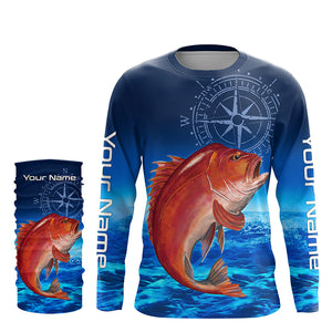 Personalized Red snapper Blue Long Sleeve Performance Fishing Shirts, compass tournament Shirts NQS5903