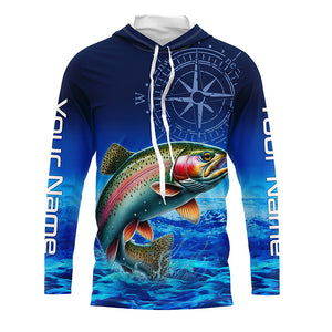 Personalized Rainbow trout Blue Long Sleeve Performance Fishing Shirts, compass tournament Shirts NQS5904