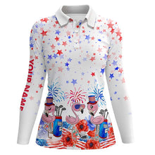 Load image into Gallery viewer, American flag Womens golf polo shirts custom patriotic pink flamingo white ladies golf tops NQS5909