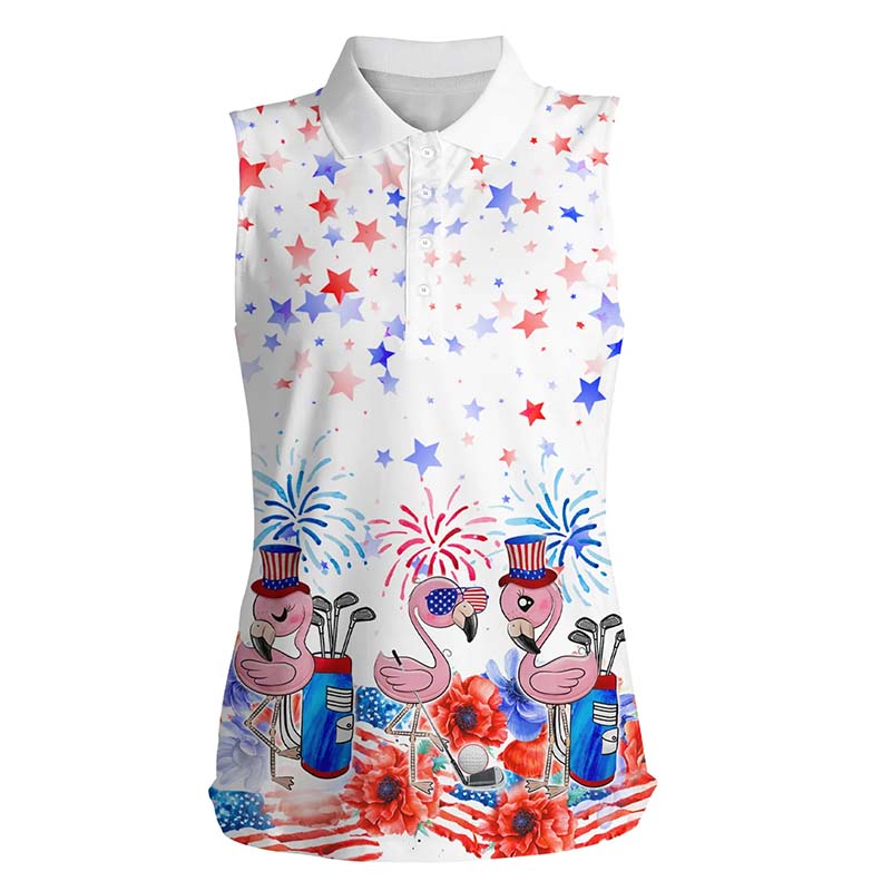 American flag Womens sleeveless polo shirt patriotic pink flamingo white ladies golf tops NQS5909