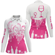 Load image into Gallery viewer, White and Pink womens golf shirt Golf &amp; wine custom name womens golf polo shirts NQS6117