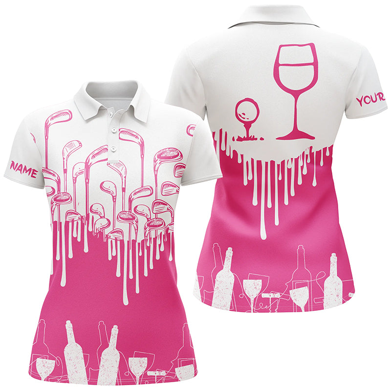 White and Pink womens golf shirt Golf & wine custom name womens golf polo shirts NQS6117