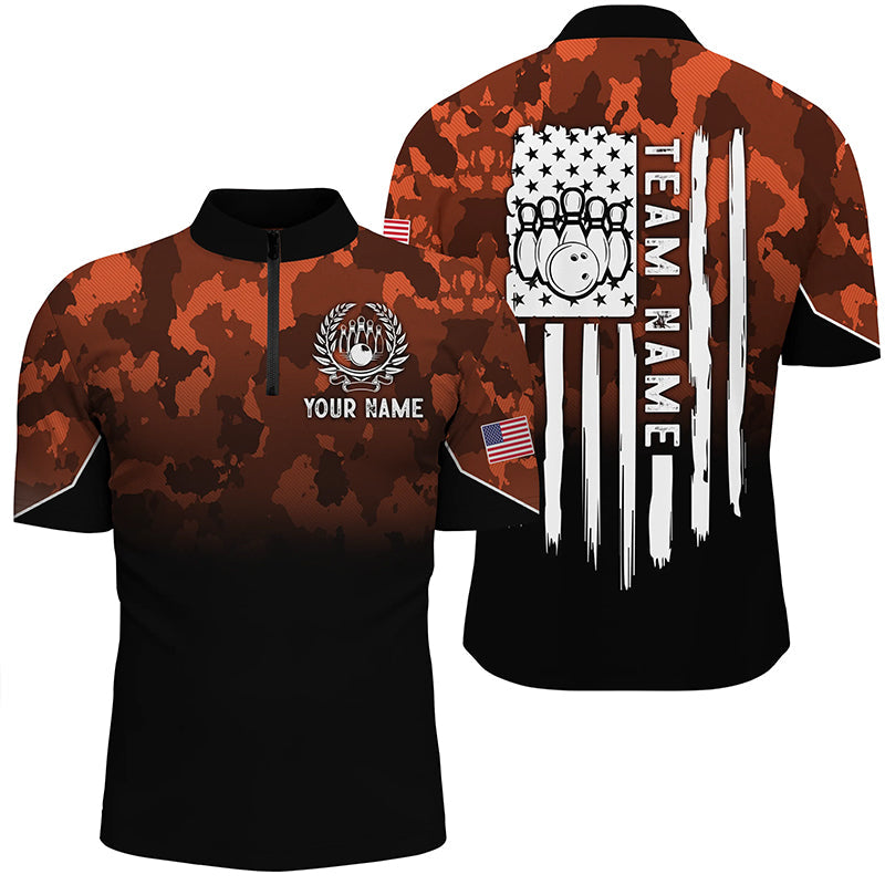 Mens bowling Polo, Quarter zip shirts Custom Orange camo American flag patriotic bowling team jerseys NQS8209