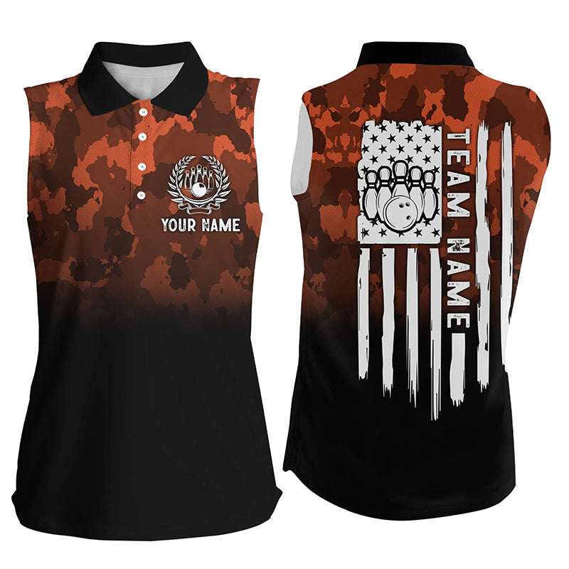 Womens bowling Sleeveless Polo shirts Custom Orange camo American flag patriotic bowling team jerseys NQS8209