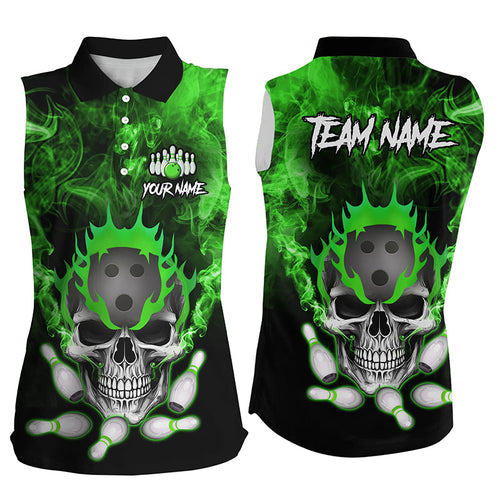Green smoke Skull bowling sleeveless polo shirts for Women Custom Team bowling League jerseys NQS8211