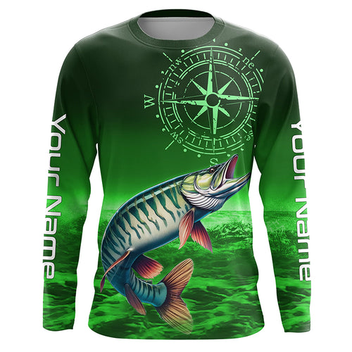Personalized Musky Green Long Sleeve Performance Fishing Shirts, Muskie compass tournament Shirts NQS6333