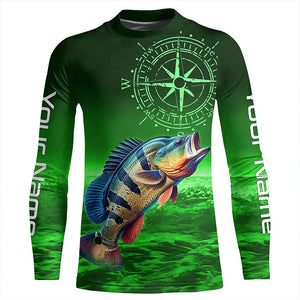 Personalized Peacock Bass Green Long Sleeve Performance Fishing Shirts, Bass compass tournament Shirts NQS6334