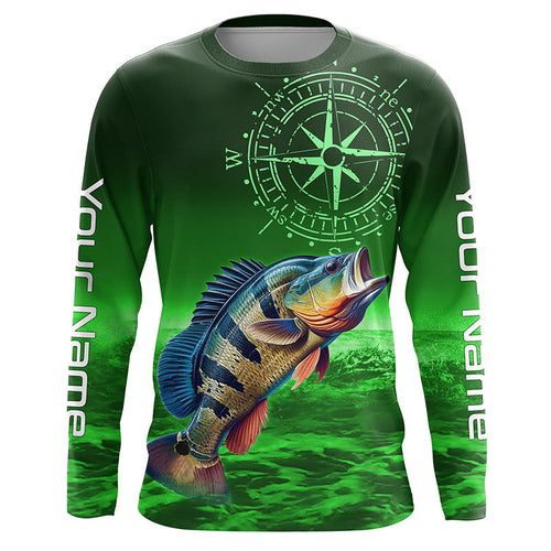 Personalized Peacock Bass Green Long Sleeve Performance Fishing Shirts, Bass compass tournament Shirts NQS6334