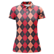 Load image into Gallery viewer, Black and red argyle plaid pattern Womens golf polo shirts custom female golf attire NQS8440