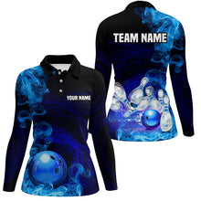 Load image into Gallery viewer, Blue Flame Fire Bowling Polo, Quarter Zip Shirt For Women Custom team bowling jersey, Gift for Bowlers NQS8447