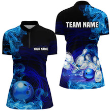 Load image into Gallery viewer, Blue Flame Fire Bowling Polo, Quarter Zip Shirt For Women Custom team bowling jersey, Gift for Bowlers NQS8447