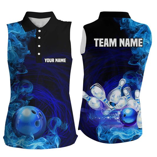 Blue Flame Fire Bowling Sleeveless Polo Shirt For Women Custom team bowling jersey, Gift for Bowlers NQS8447