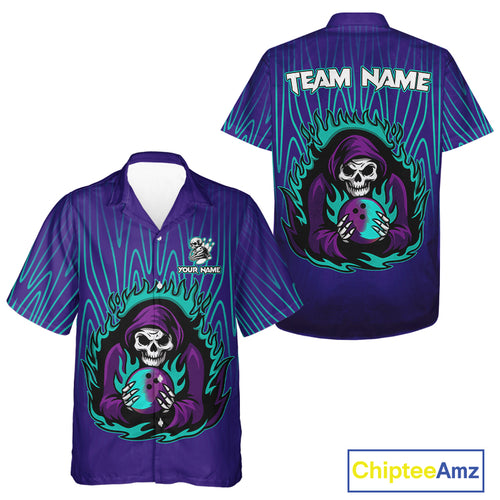 Custom Purple and Blue Flame Skull Reaper Hawaiian Bowling Jersey, Personalized Team Bowling outfits NQS11030