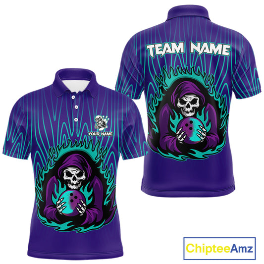 Custom Purple and Blue Flame Skull Reaper Bowling Shirts For Men, Personalized Bowling outfits men NQS11030
