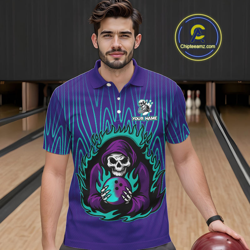 Custom Purple and Blue Flame Skull Reaper Bowling Shirts For Men, Personalized Bowling outfits men NQS11030