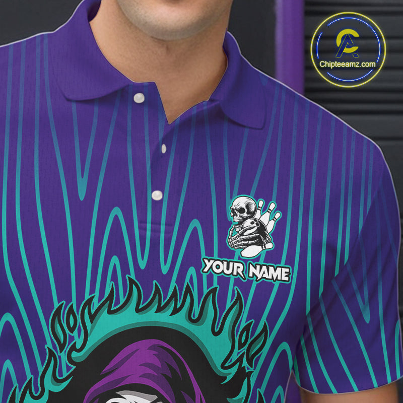 Custom Purple and Blue Flame Skull Reaper Bowling Shirts For Men, Personalized Bowling outfits men NQS11030