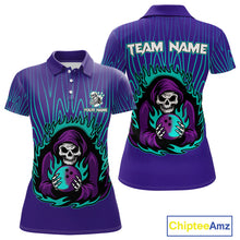 Load image into Gallery viewer, Custom Purple and Blue Flame Skull Reaper Bowling Shirts For Women, Personalized Team Bowling outfits NQS11030