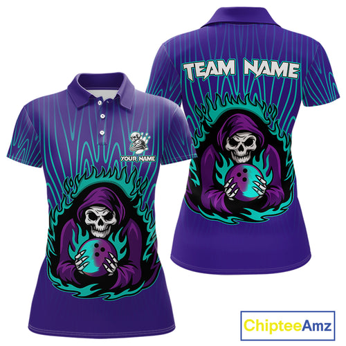 Custom Purple and Blue Flame Skull Reaper Bowling Shirts For Women, Personalized Team Bowling outfits NQS11030