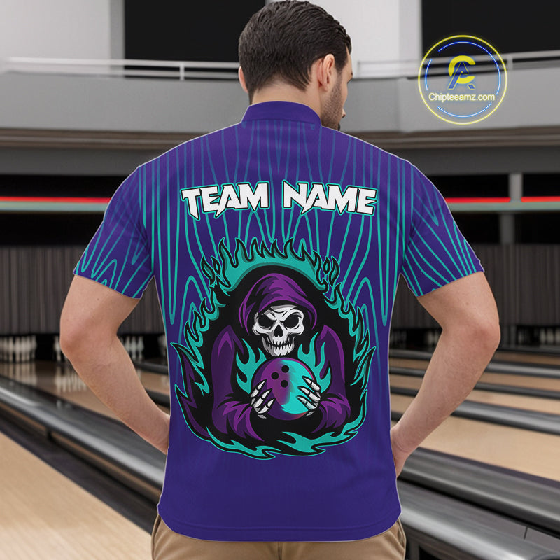 Custom Purple and Blue Flame Skull Reaper Bowling Shirts For Men, Personalized Bowling outfits men NQS11030
