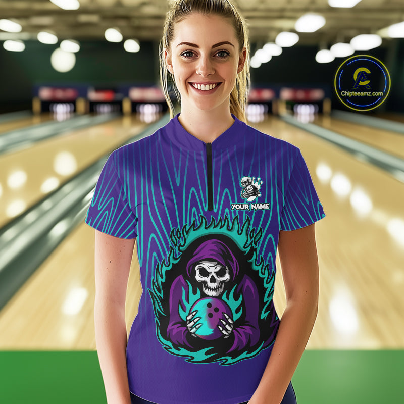 Custom Purple and Blue Flame Skull Reaper Bowling Shirts For Women, Personalized Team Bowling outfits NQS11030