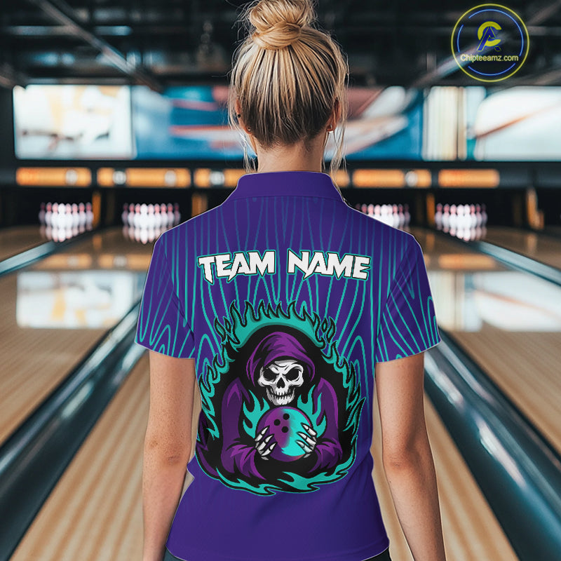 Custom Purple and Blue Flame Skull Reaper Bowling Shirts For Women, Personalized Team Bowling outfits NQS11030
