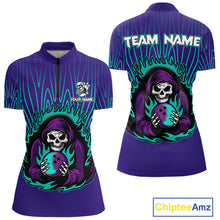 Load image into Gallery viewer, Custom Purple and Blue Flame Skull Reaper Bowling Shirts For Women, Personalized Team Bowling outfits NQS11030